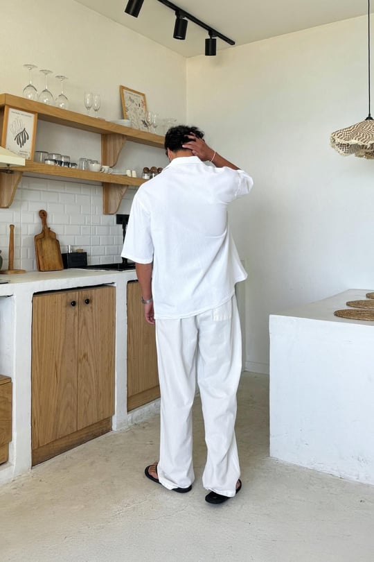 Basic Oversize Kısa Kol Keten Gömlek Beyaz