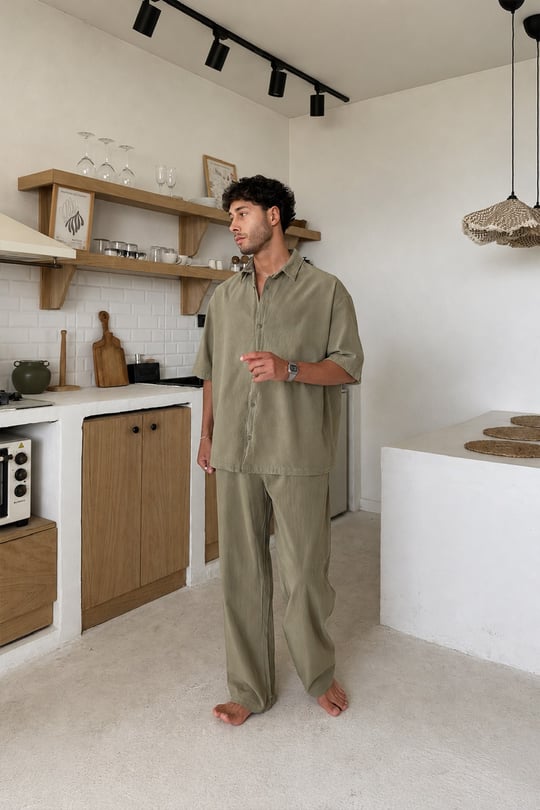 Basic Oversize Kısa Kol Keten Gömlek Koyu Haki