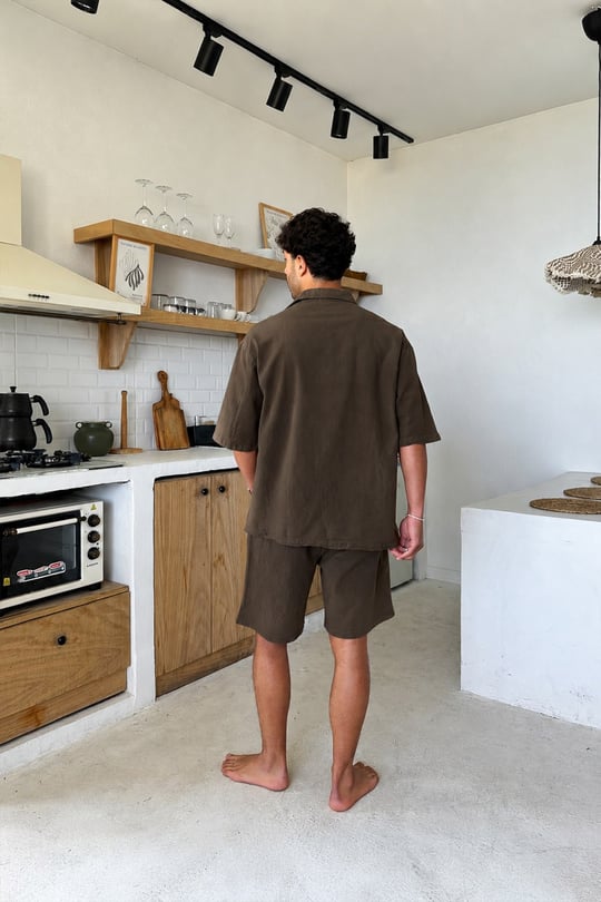 Basic Oversize Kısa Kol Keten Gömlek Koyu Kahve