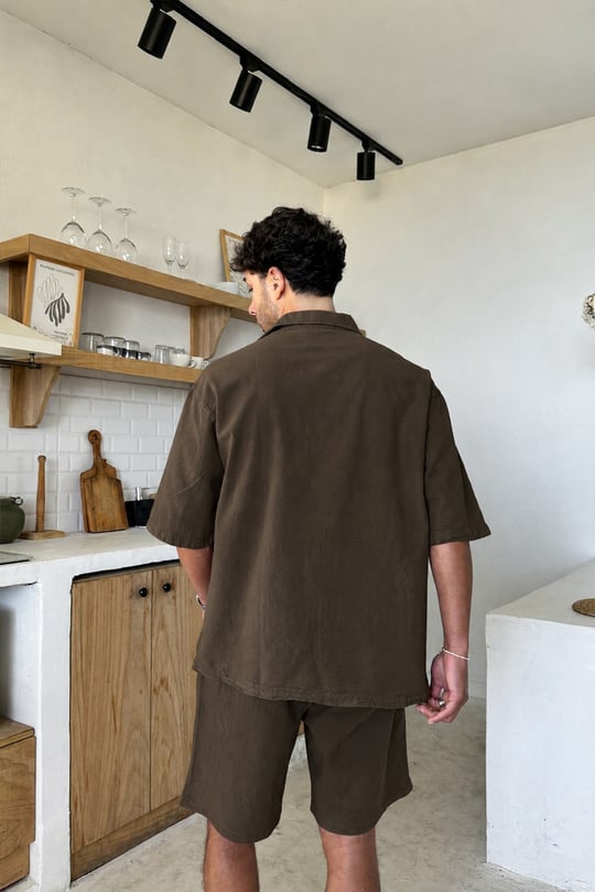 Basic Oversize Kısa Kol Keten Gömlek Koyu Kahve