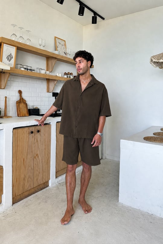 Basic Oversize Kısa Kol Keten Gömlek Koyu Kahve