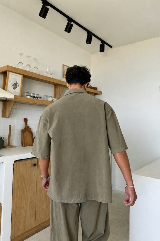 Basic Oversize Kısa Kol Keten Gömlek Koyu Haki