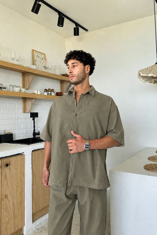 Basic Oversize Kısa Kol Keten Gömlek Koyu Haki