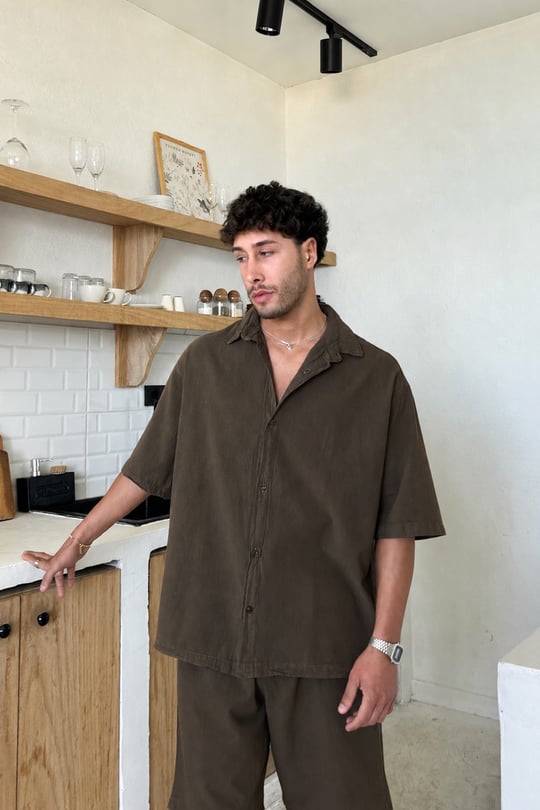 Basic Oversize Kısa Kol Keten Gömlek Koyu Kahve