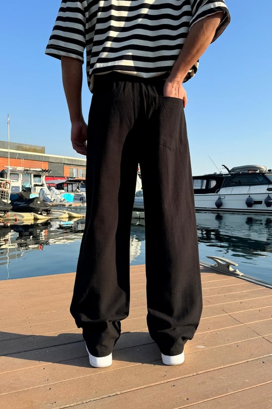 Bel Lastikli Rahat Keten Pantolon Siyah