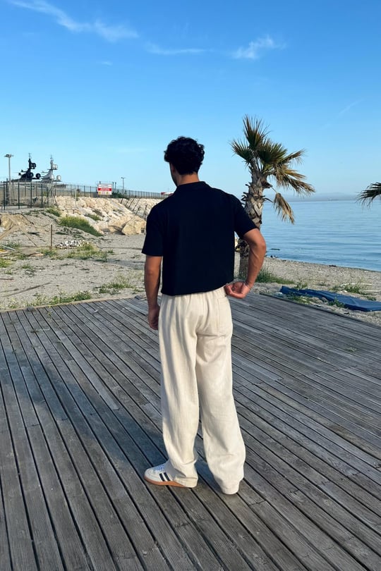 Bel Lastikli Rahat Keten Pantolon Taş Rengi