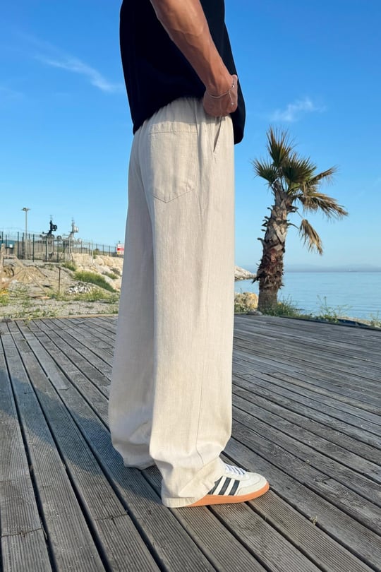 Bel Lastikli Rahat Keten Pantolon Taş Rengi