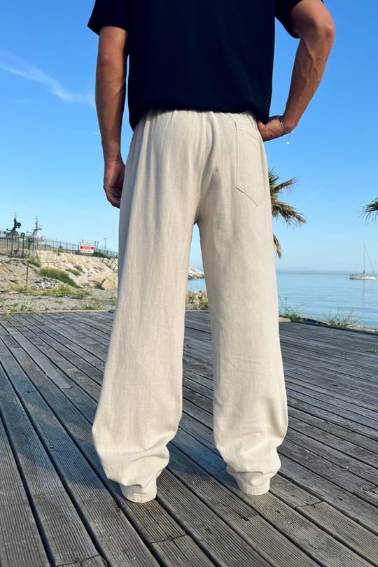 Bel Lastikli Rahat Keten Pantolon Taş Rengi