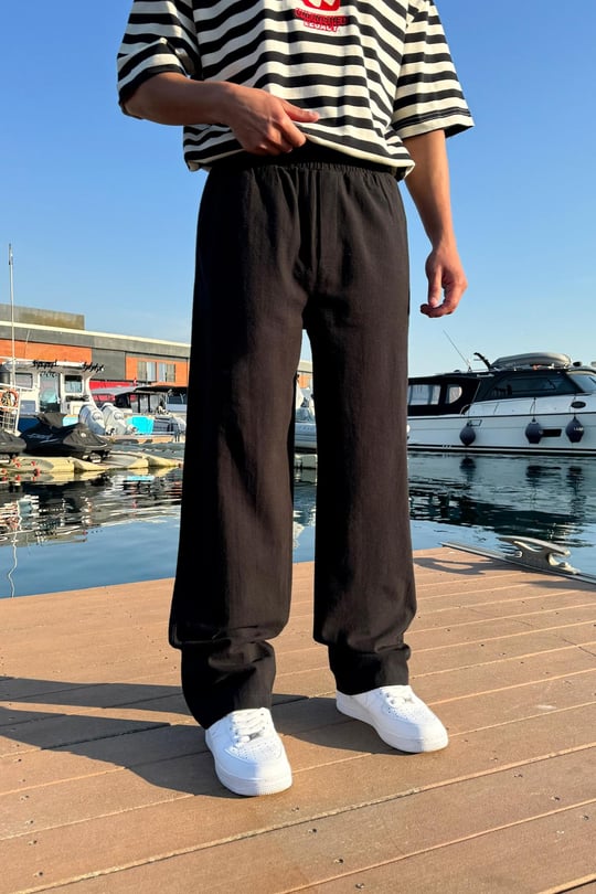 Bel Lastikli Rahat Keten Pantolon Siyah