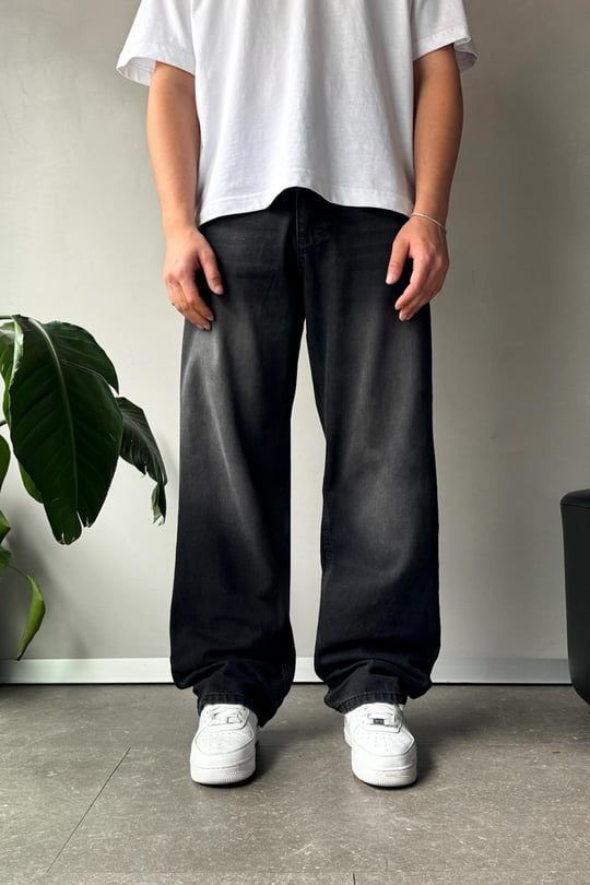 Çizgi Detay Baggy Jean Siyah