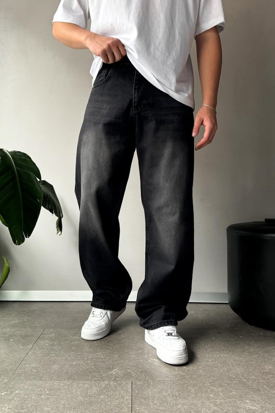 Çizgi Detay Baggy Jean Siyah