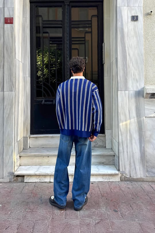 Çizgili Baggy Fit Mavi