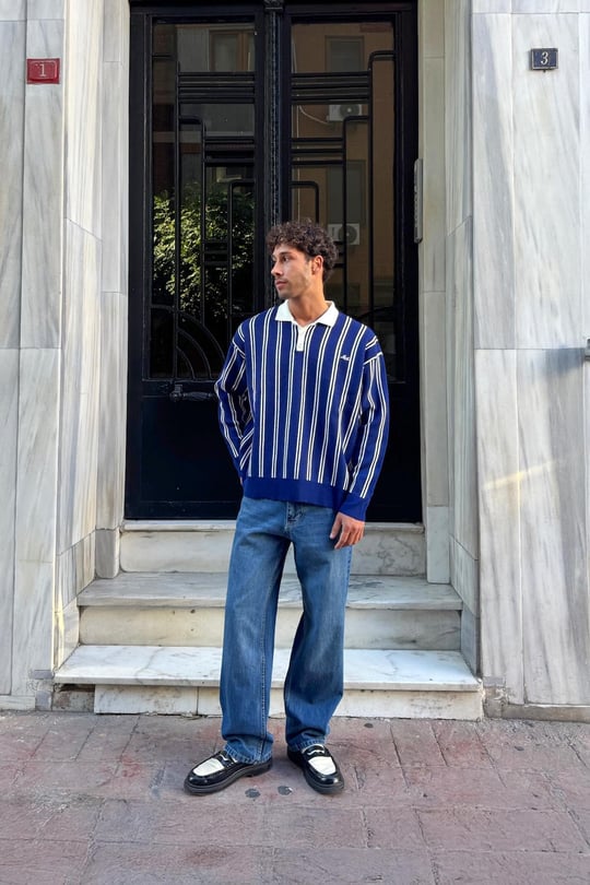 Çizgili Baggy Fit Mavi