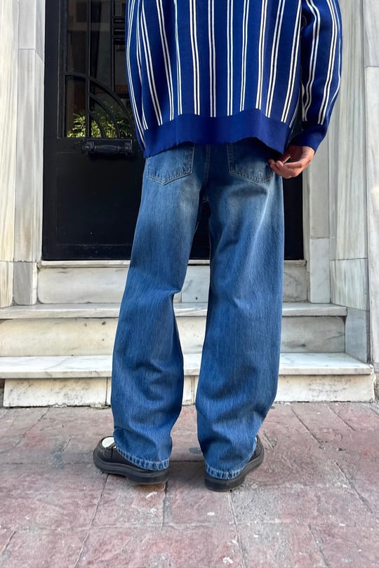 Çizgili Baggy Fit Mavi