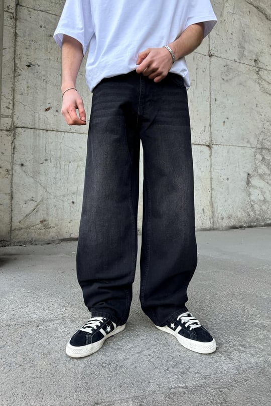 Çizgili Super Baggy Jean Siyah