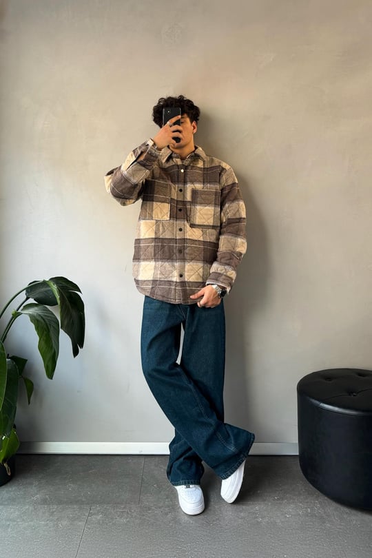 Ekose Desen Cep Detay Oversize Ceket Bej