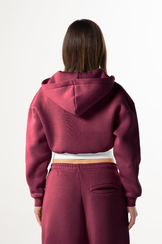 Flaw Nakışlı Bordo Zip Crop