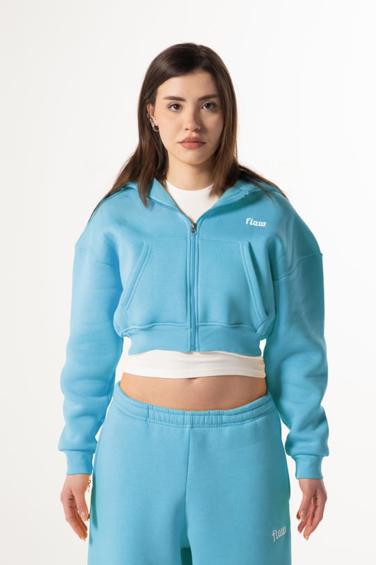 Flaw Nakışlı Mavi Zip Crop