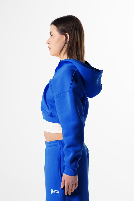 Flaw Nakışlı Saks Mavi Zip Crop