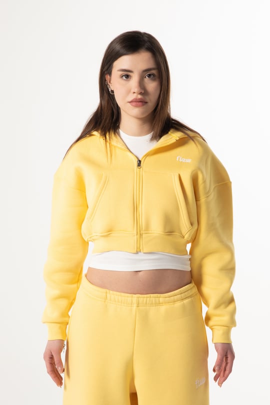 Flaw Nakışlı Sarı Zip Crop