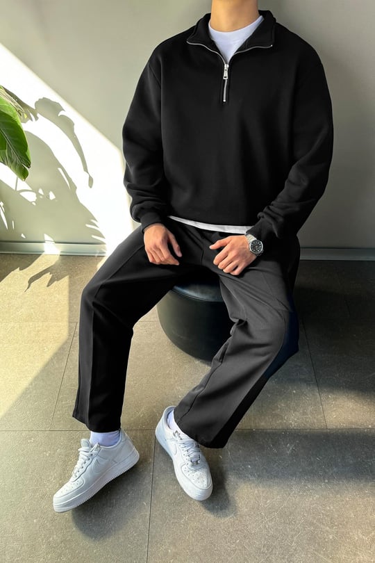 Half Zip Oversize Polo Yaka Sweatshirt Siyah