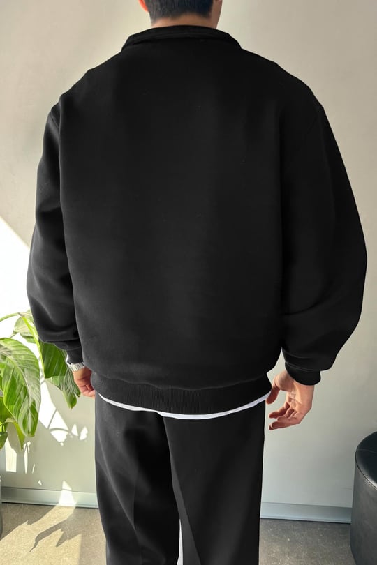 Half Zip Oversize Polo Yaka Sweatshirt Siyah
