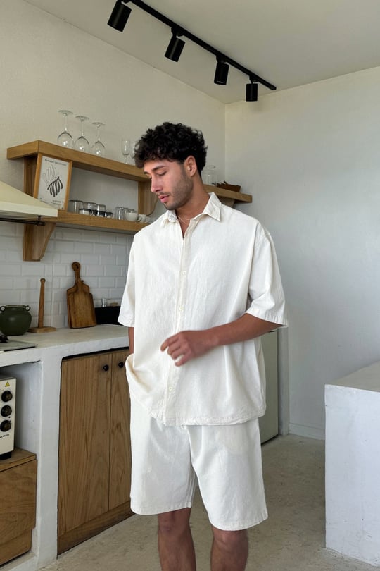 Krem Basic Oversize Kısa Kol Keten Gömlek Bej