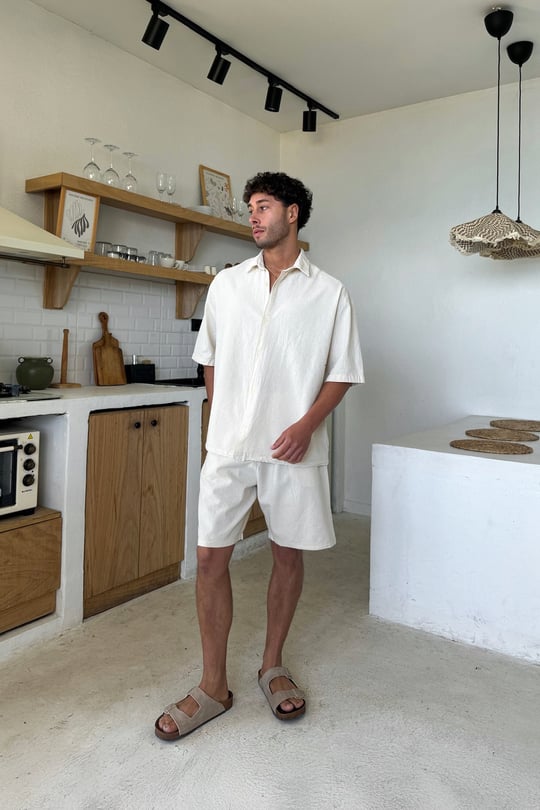 Krem Basic Oversize Kısa Kol Keten Gömlek Bej