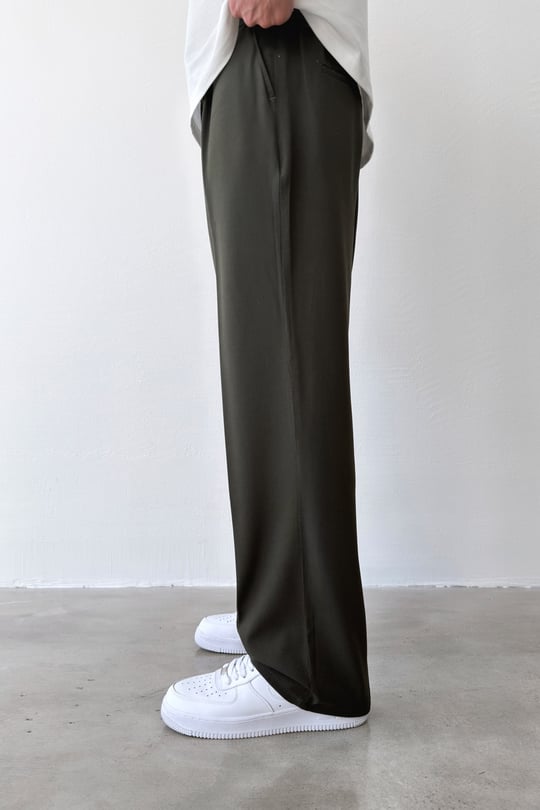 Pileli Baggy Fit Kumaş Yeşil Pantolon