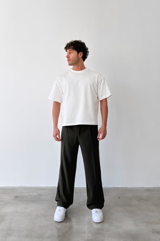 Pileli Baggy Fit Kumaş Yeşil Pantolon