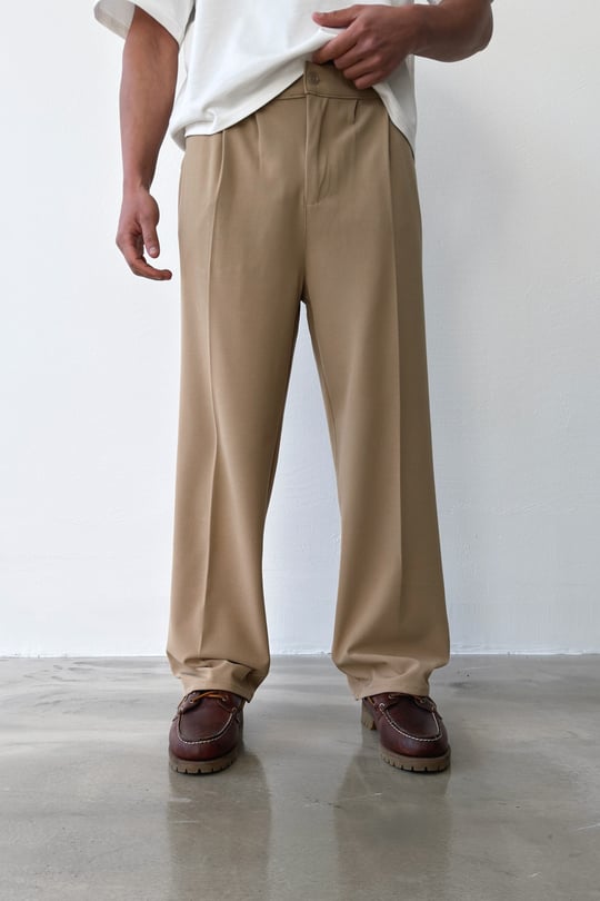 Pileli Baggy Fit Kumaş Vizon Pantolon