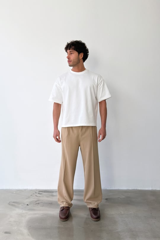 Pileli Baggy Fit Kumaş Vizon Pantolon