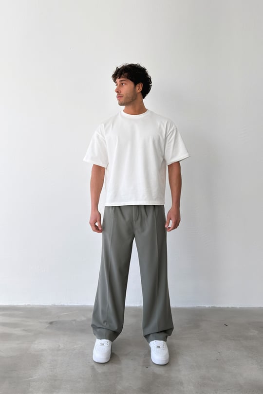 Pileli Baggy Fit Kumaş Açık Yeşil Pantolon