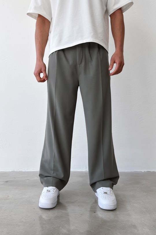 Pileli Baggy Fit Kumaş Açık Yeşil Pantolon