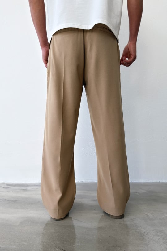 Pileli Baggy Fit Kumaş Vizon Pantolon