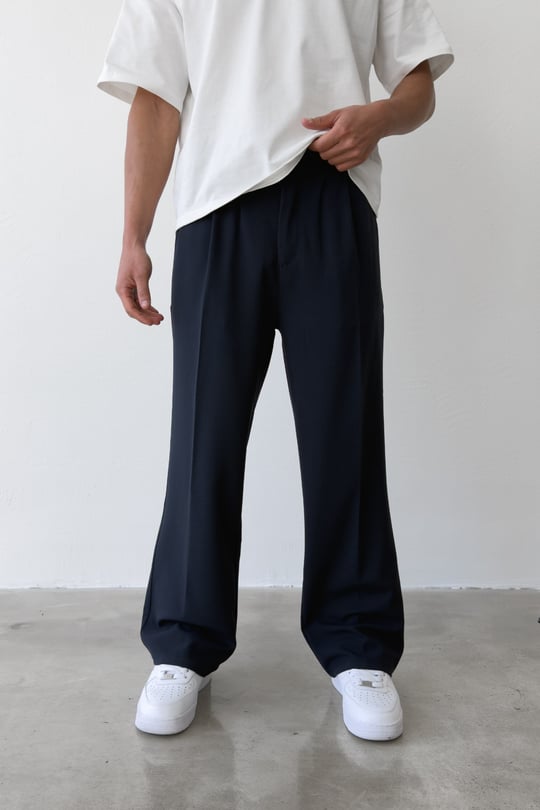Pileli Baggy Fit Kumaş Lacivert Pantolon