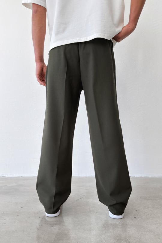 Pileli Baggy Fit Kumaş Yeşil Pantolon