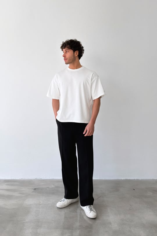 Pileli Baggy Fit Kumaş Siyah Pantolon