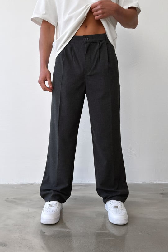 Pileli Baggy Fit Kumaş Antrasit Pantolon