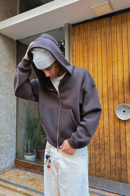 Puffer Dark Brown Boxy Fit Zippered Hoodie