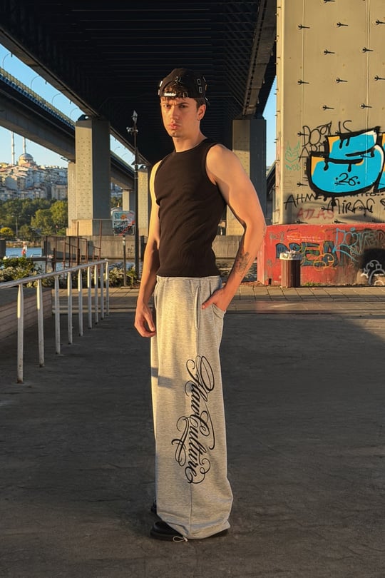 Script Ayarlanabilir Gri Melanj Baggy Eşofman Altı