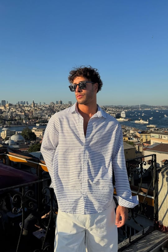 Yatay Çizgili Oversize Gömlek Lacivert
