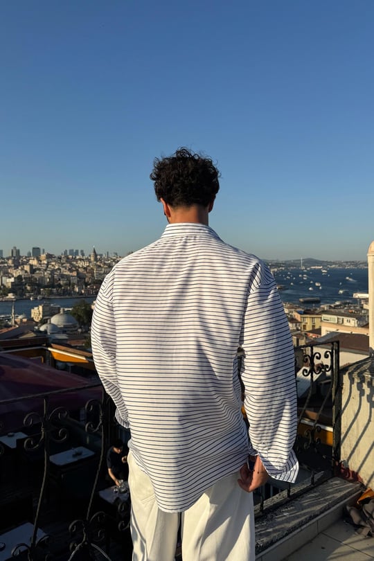 Yatay Çizgili Oversize Gömlek Lacivert