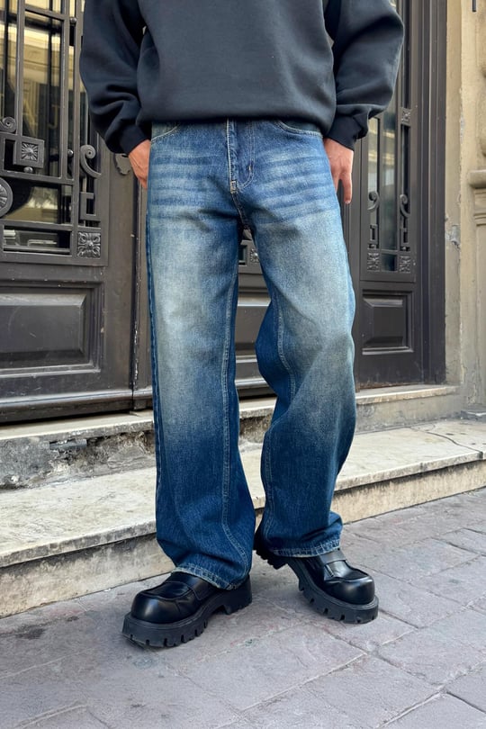 Yıkamalı Çizgili Baggy Jean Mavi