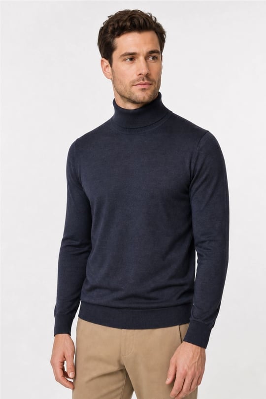 21607Erkek Basic Tam Balıkçı İnce Triko Kazak K.Lacivert