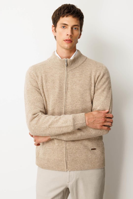 Erkek Dik Yaka Basic Yün Triko Mont K.Bej