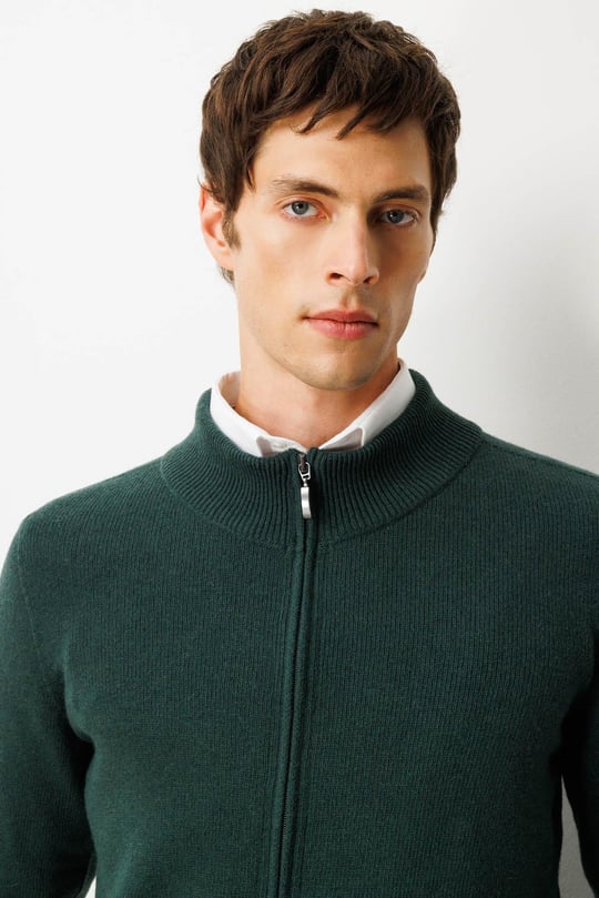 Erkek Dik Yaka Basic Yün Triko Mont Yeşil