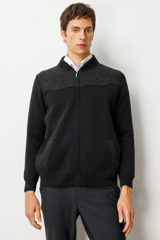 Erkek Hakim Yaka Göğsü ve Cebi Keçe Triko Yün Mont Siyah
