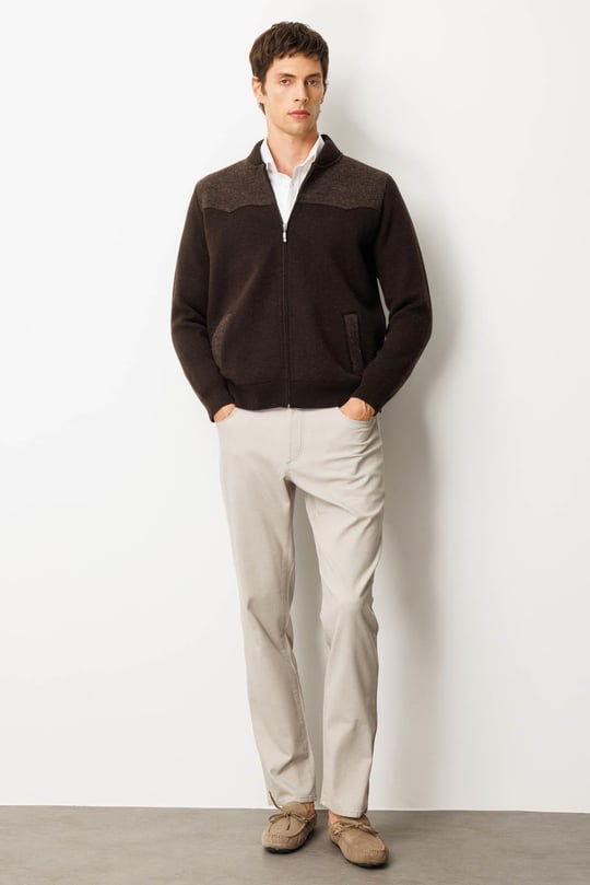Erkek Hakim Yaka Göğsü ve Cebi Keçe Triko Yün Mont K.Kahve