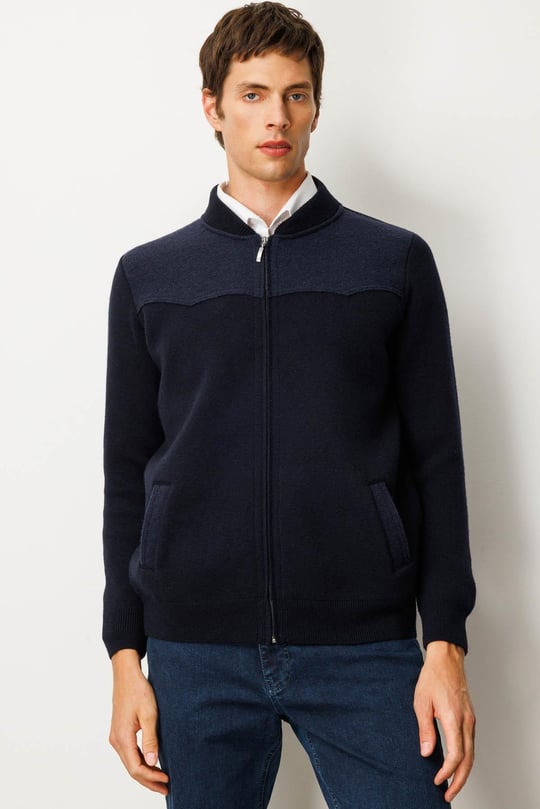 Erkek Hakim Yaka Göğsü ve Cebi Keçe Triko Yün Mont K.Lacivert